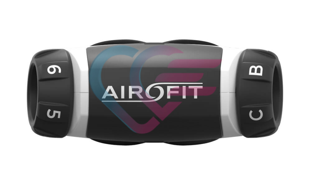 Airofit active uređaj za vježbanje disanja s prikazom kotačića za otpor kod udisaja te izdisaja