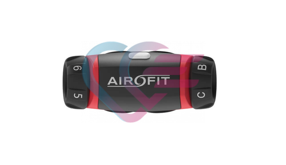 Airofit pro uređaj za vježbanje disanja s prikazom kotačića za otpor kod udisaja te izdisaja